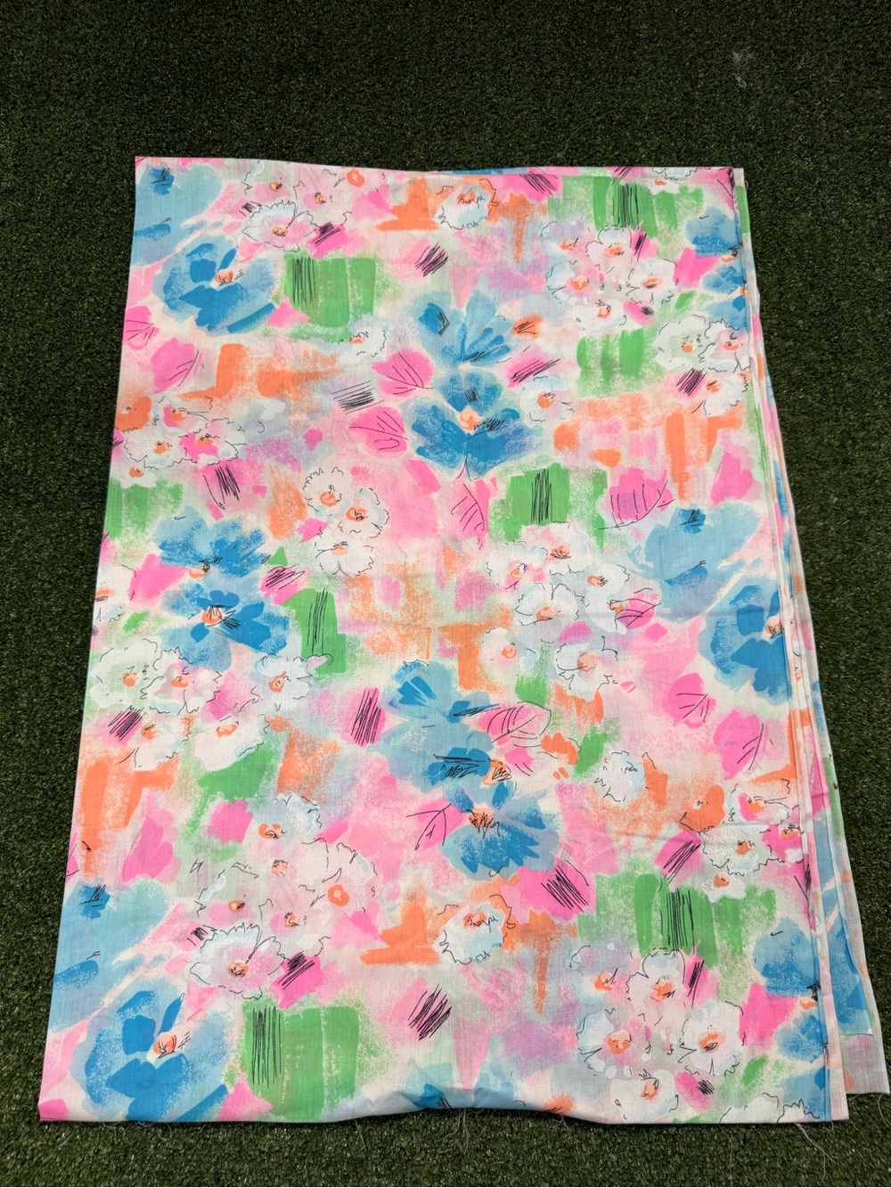 Vintage Floral Watercolor Vibrant Blue Pink Fabric Piece Cotton 3 1/4 Yds